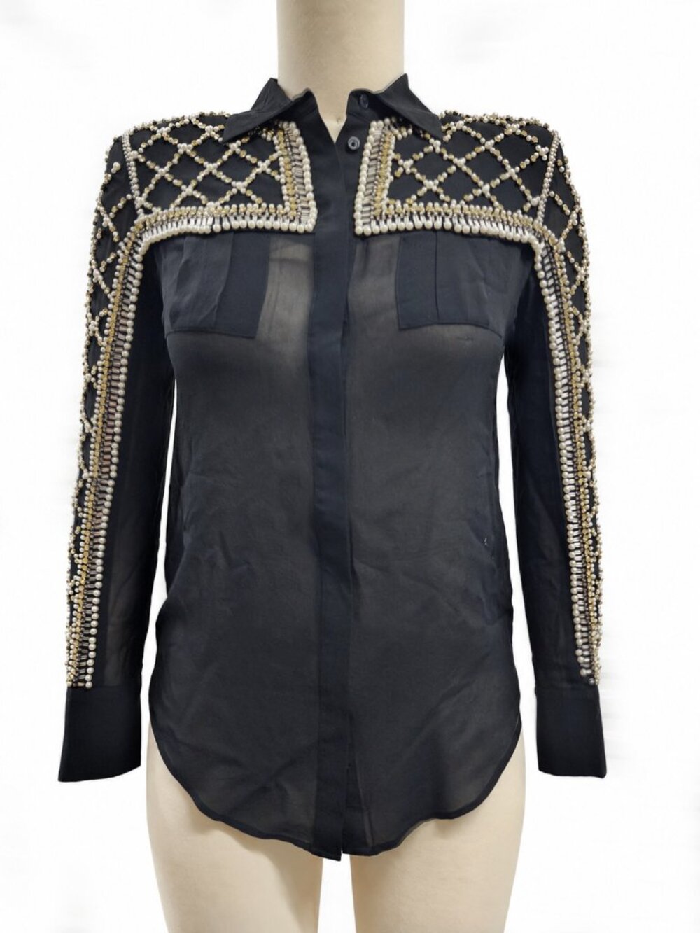 Balmain x H&M Black Pearl and Crystal Beaded Embellished Button-Down Shirt Size